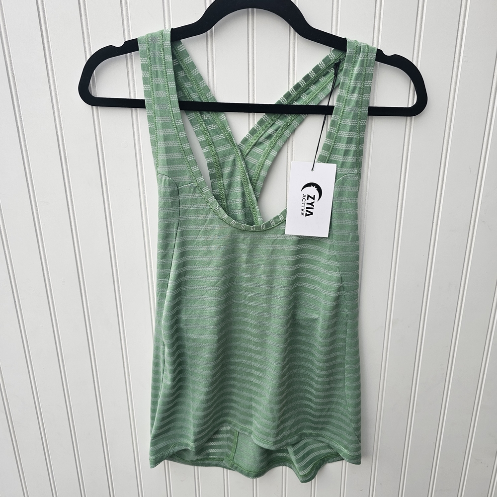 NEW Zyia Forest Nimbus Green Striped Tank Top Split Back Womens Large